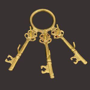 Vintage Brass Metal 3 Skeleton Key Ring Holder Rack 6 Hooks Wall Hanging